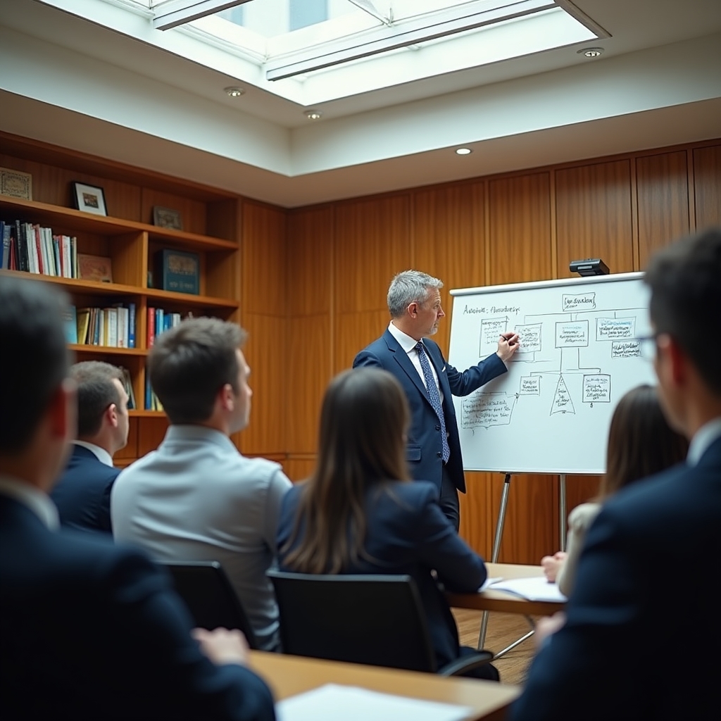 Lektor vysvětluje účastníkům workshopu strukturu rozhodovacích pravomocí ve firmě